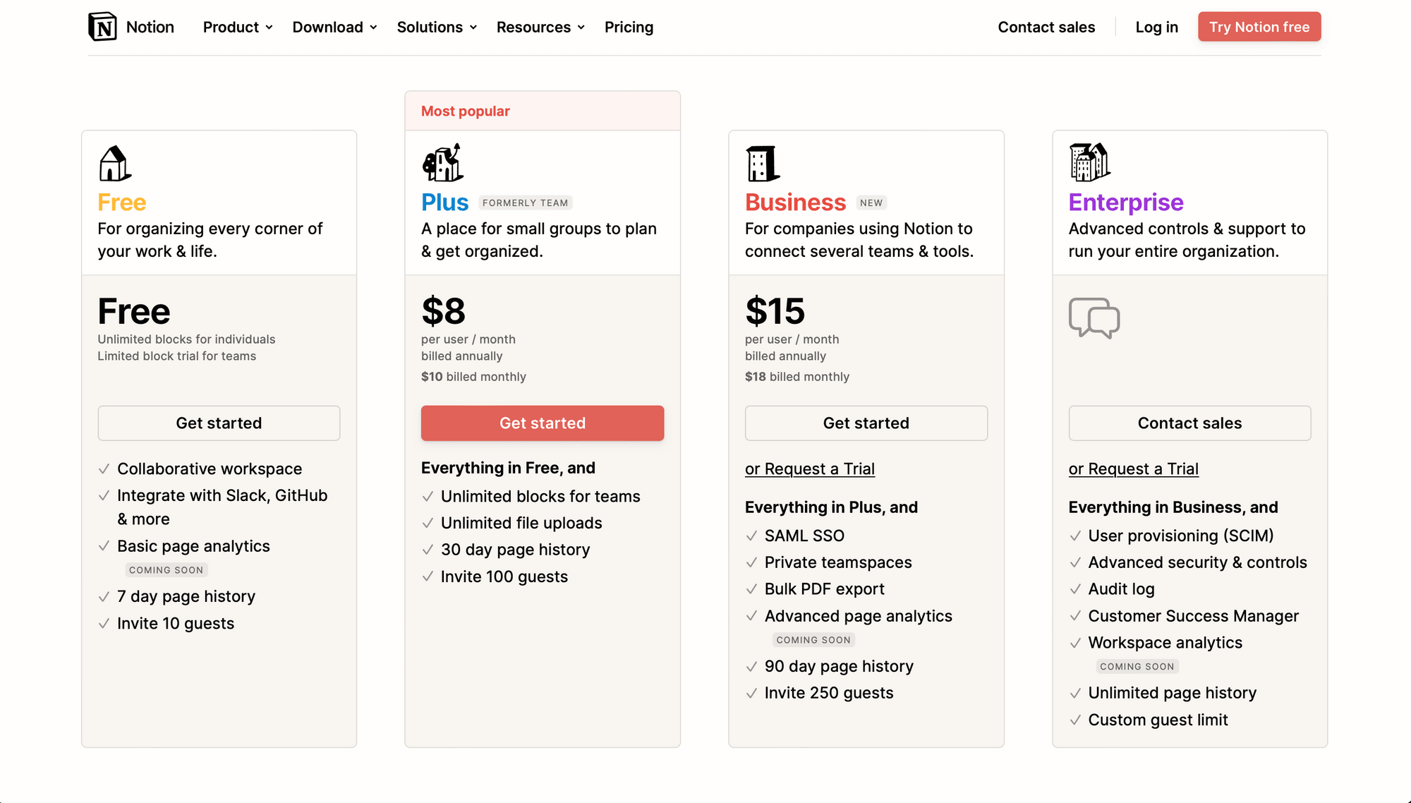 Screenshot of Notion pricing page