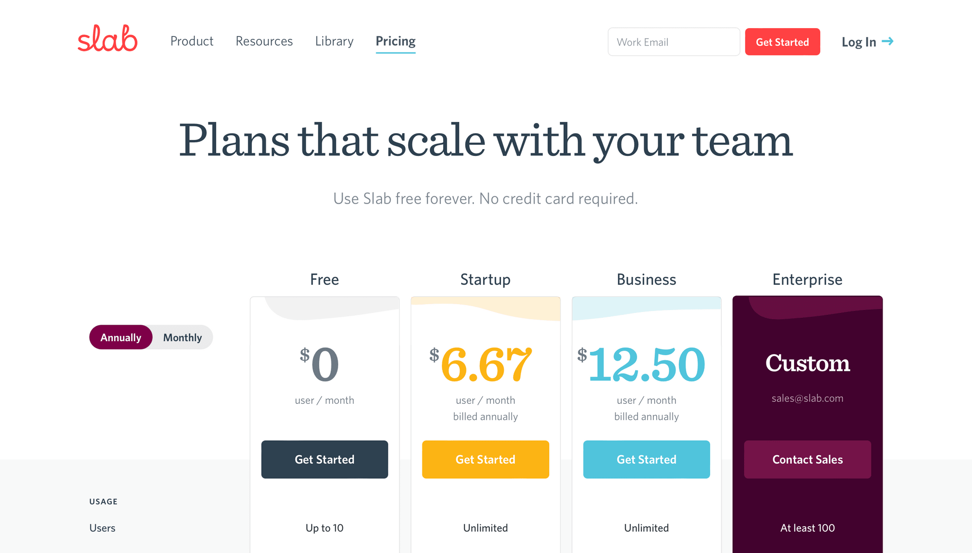 Screenshot of Slab pricing page