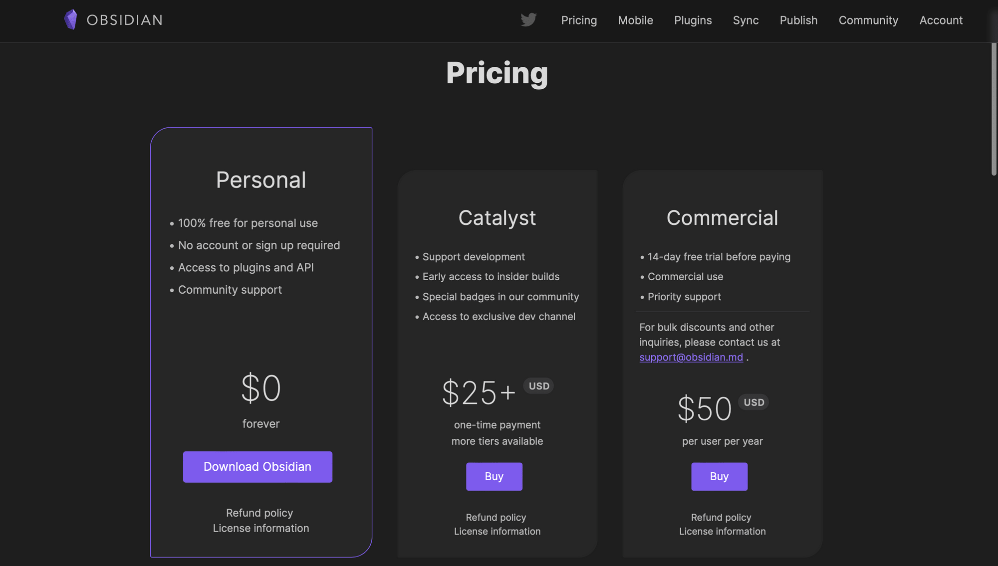 Screenshot of Obsidian pricing page