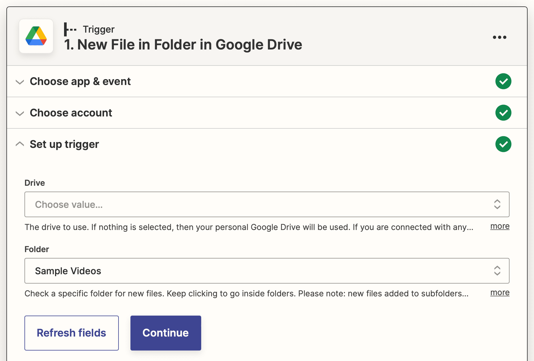 Screenshot of Zapier Google Drive new file in folder trigger setup