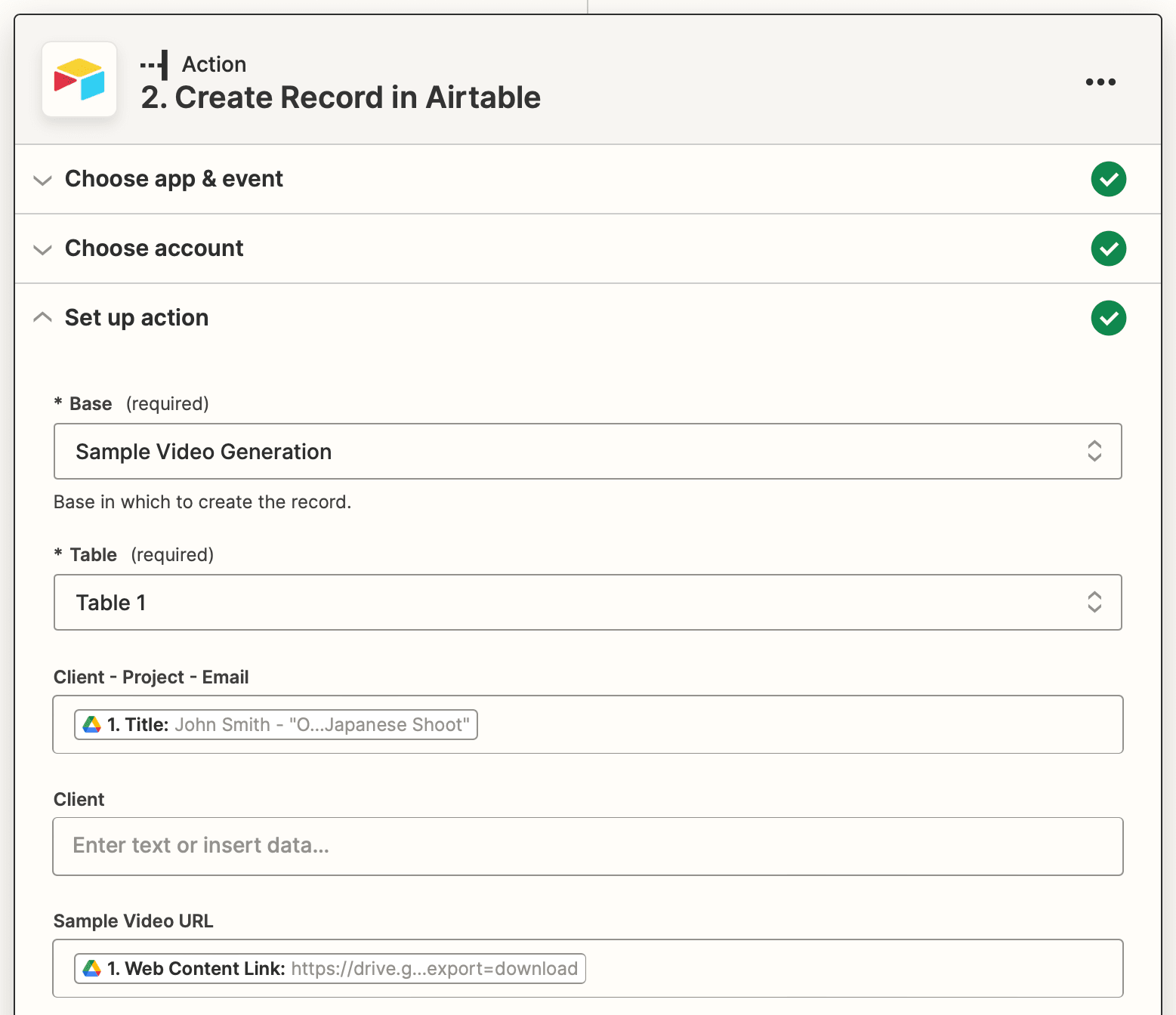 Screenshot of Zapier Airtable create record action setup