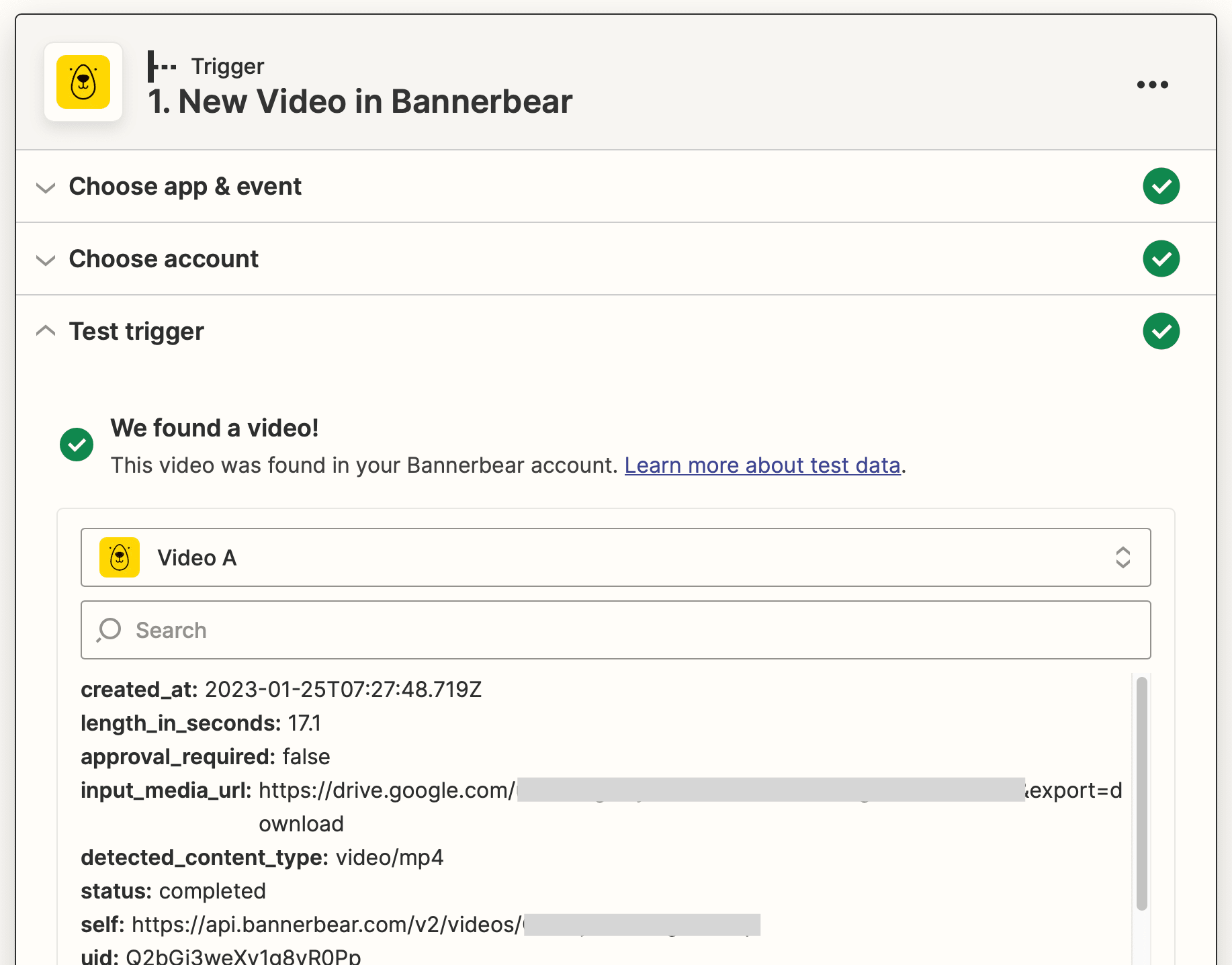 Screenshot of Zapier Bannerbear new video trigger setup