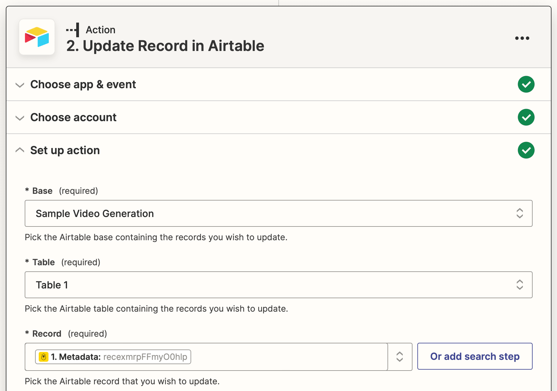 Screenshot of Zapier Airtable update record action setup