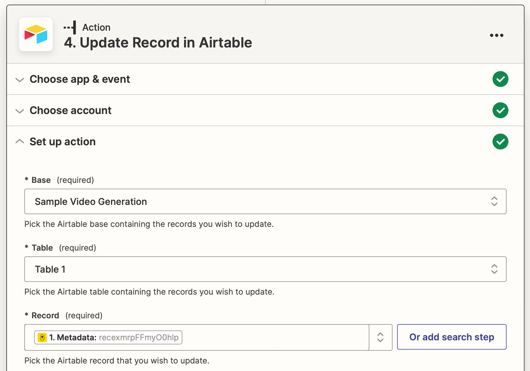 Screenshot of Zapier Airtable update record action setup