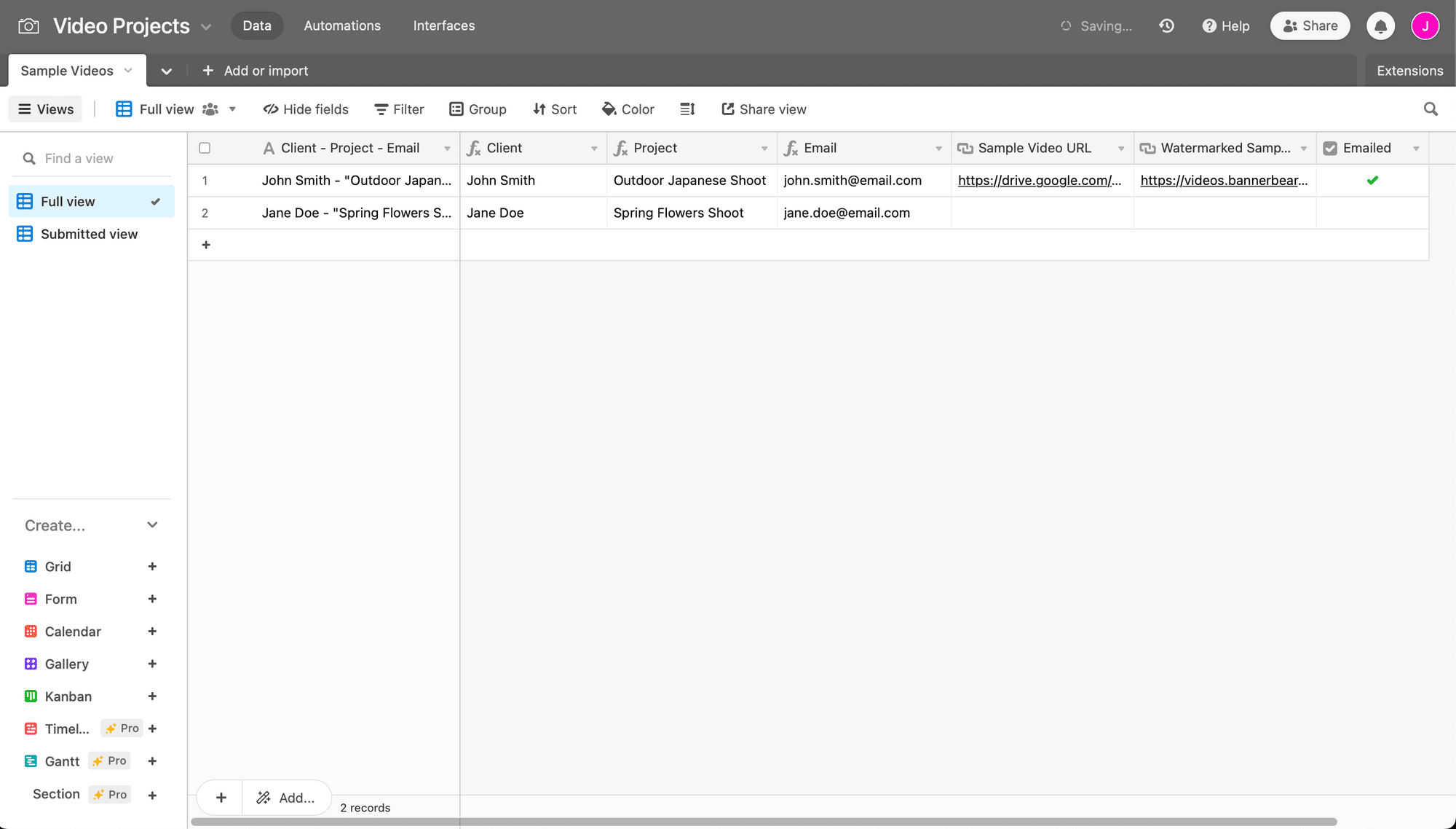 Screenshot of Airtable video project base sample videos table