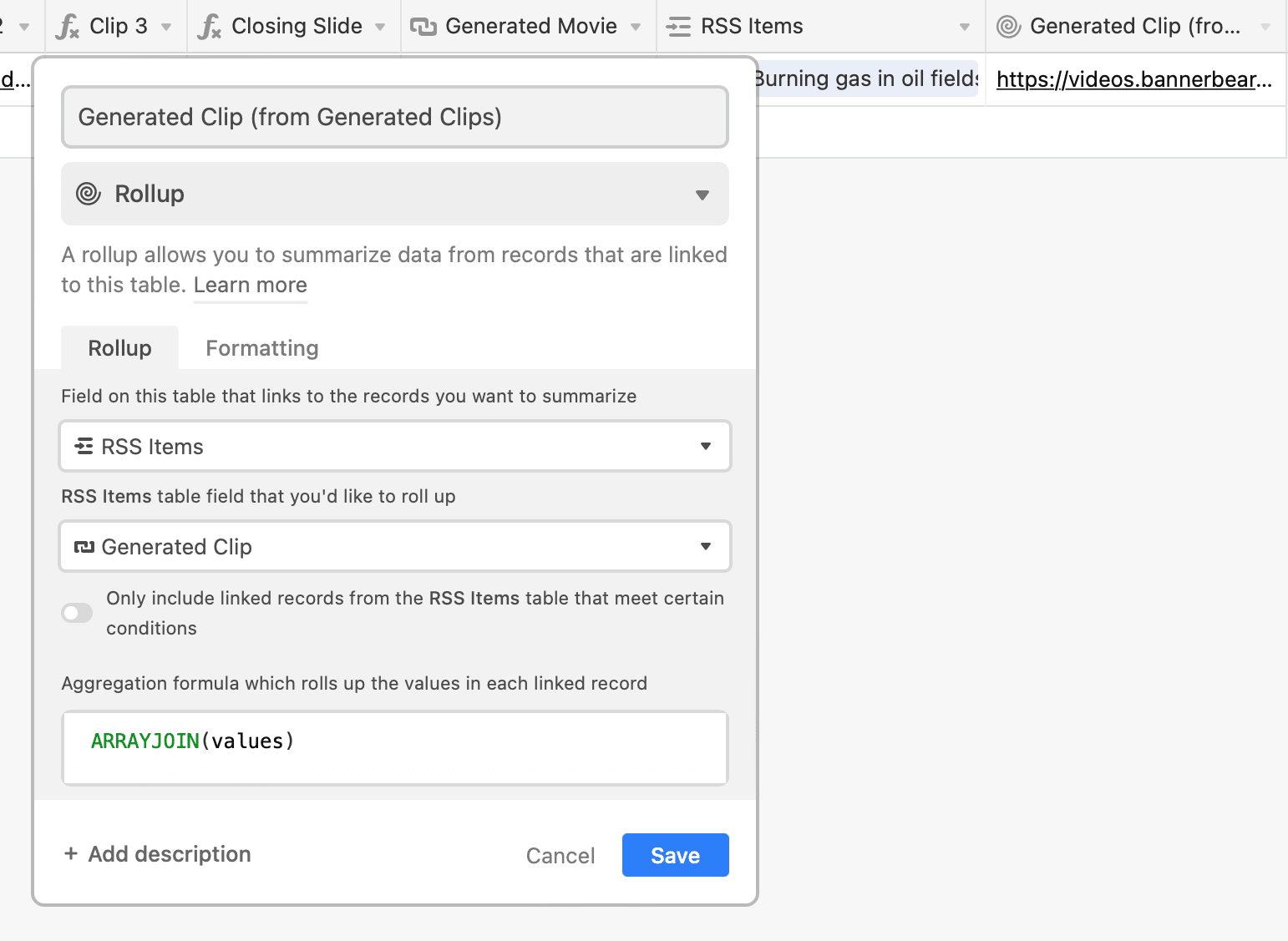 Screenshot of Airtable Generated Clip rollup field setup