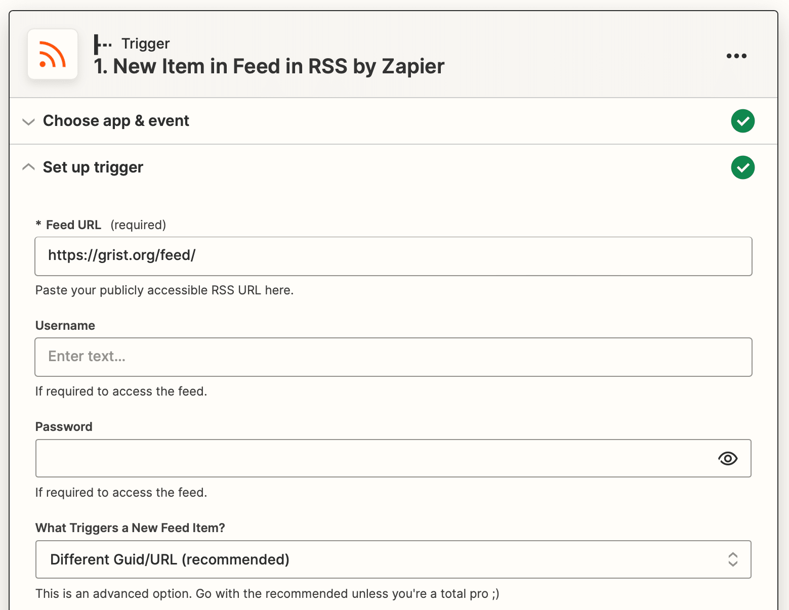 Screenshot of Zapier new item in RSS feed trigger