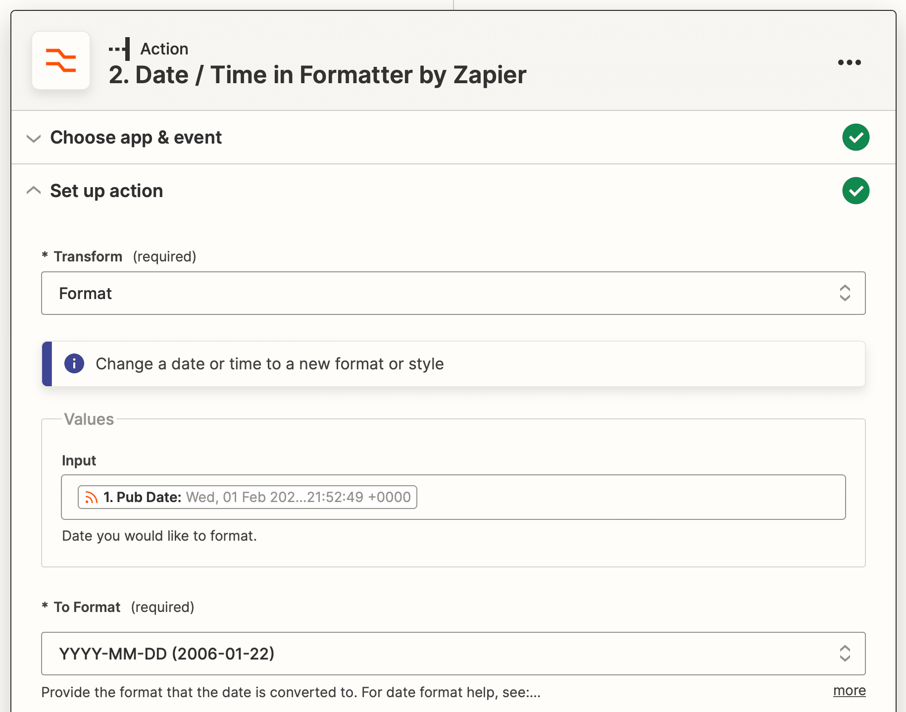 Screenshot of Zapier date/time formatter setup