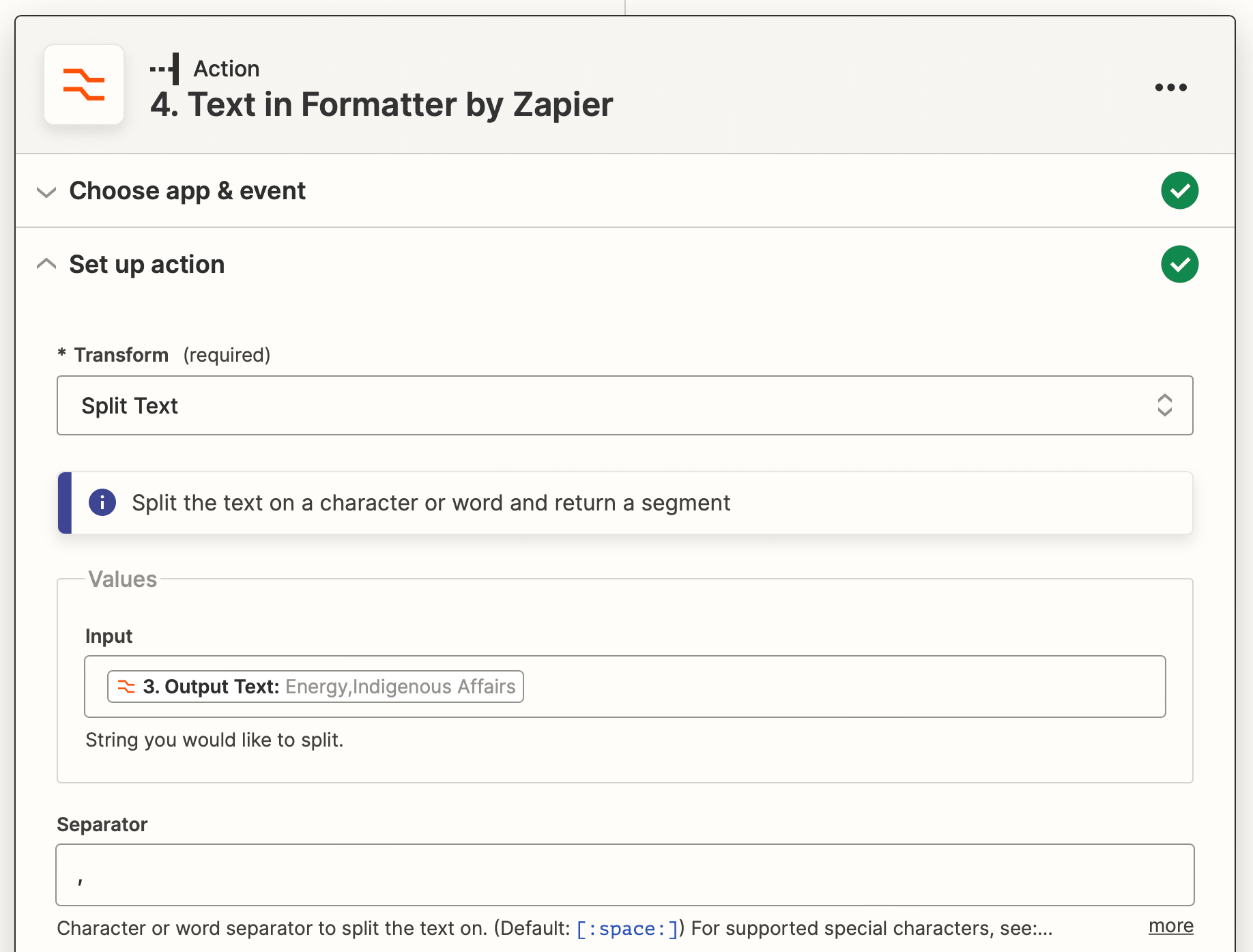 Screenshot of Zapier text in formatter setup