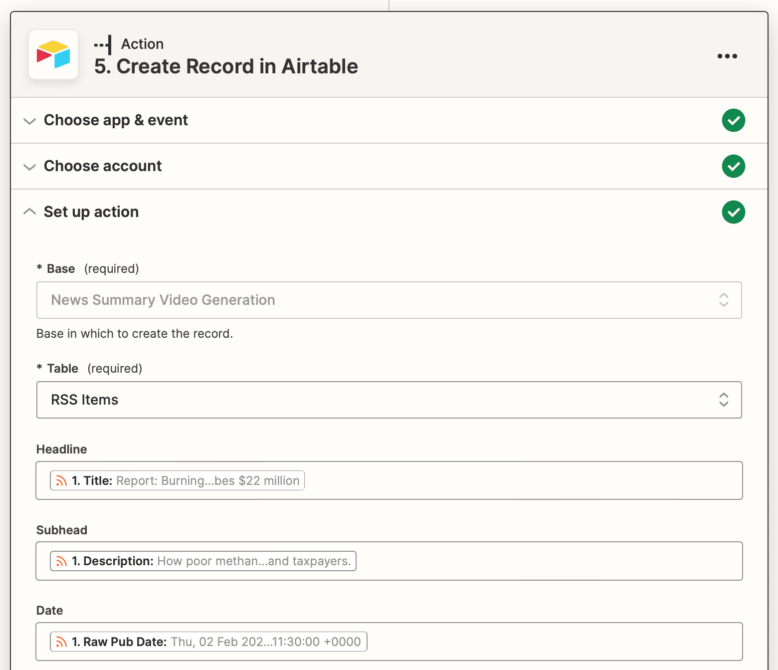 Screenshot of Zapier Airtable create record action setup