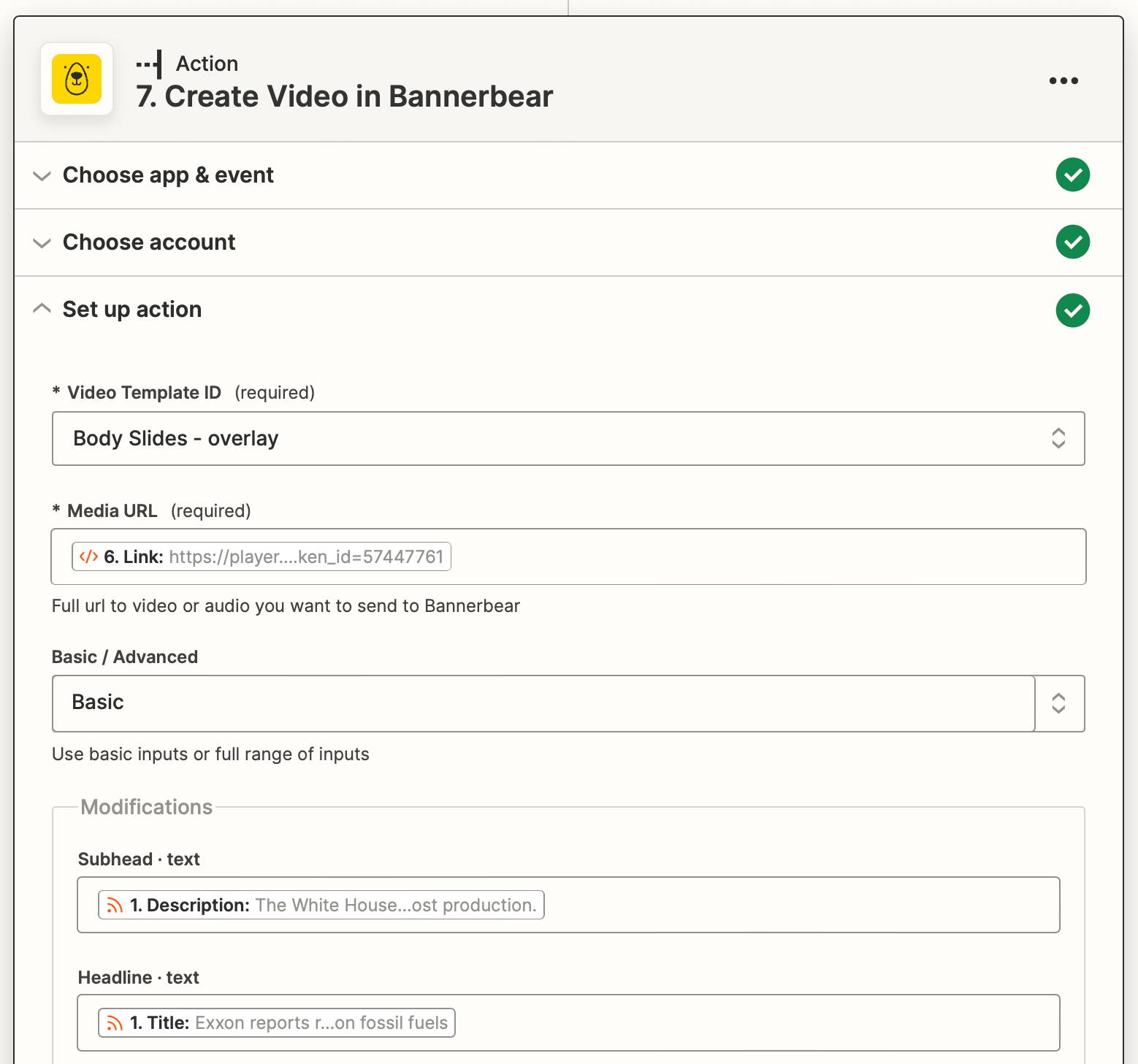 Screenshot of Zapier Bannerbear create video action setup