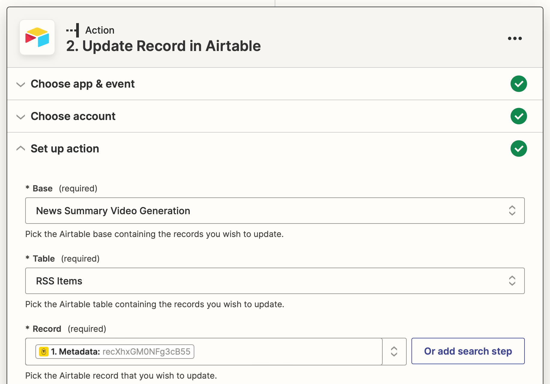 Screenshot of Zapier Airtable update record action setup