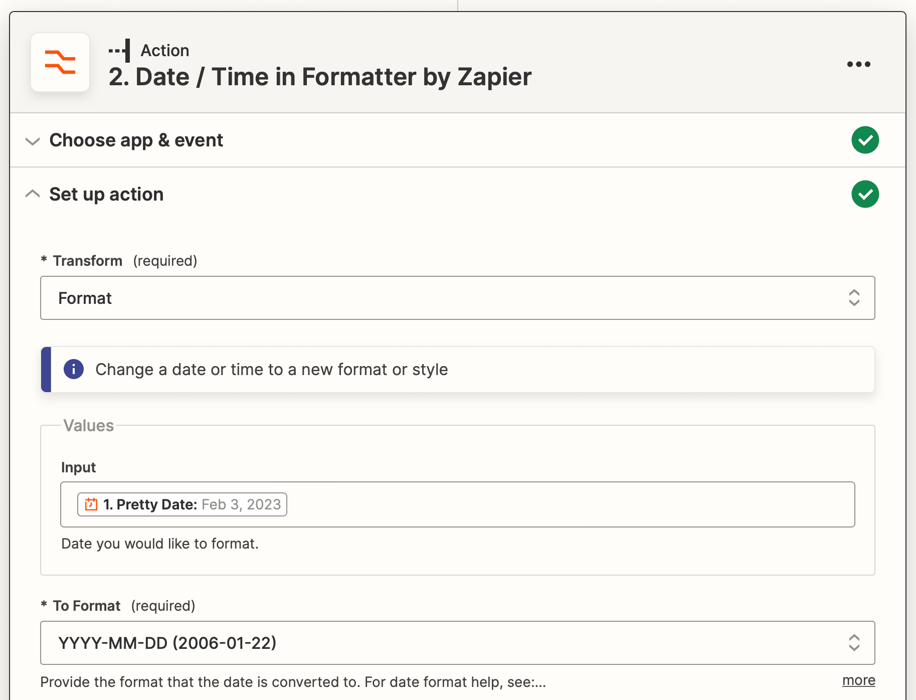 Screenshot of Zapier date/time formatter action setup