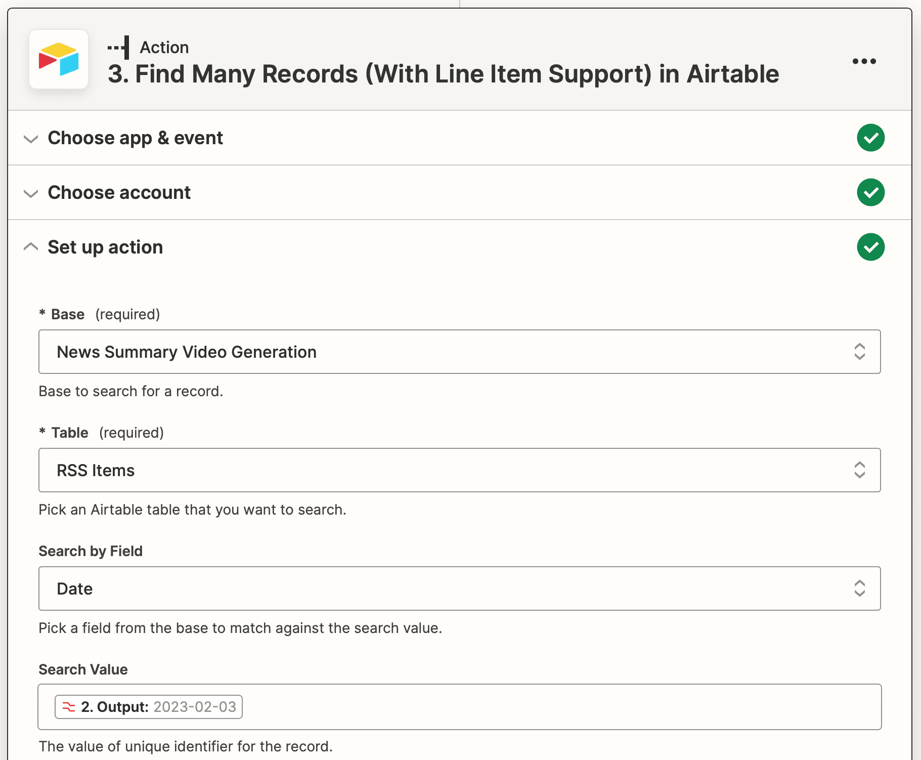 Screenshot of Zapier Airtable find many records action setup