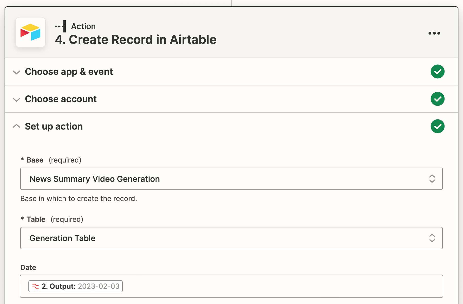 Screenshot of Zapier Airtable create record action setup