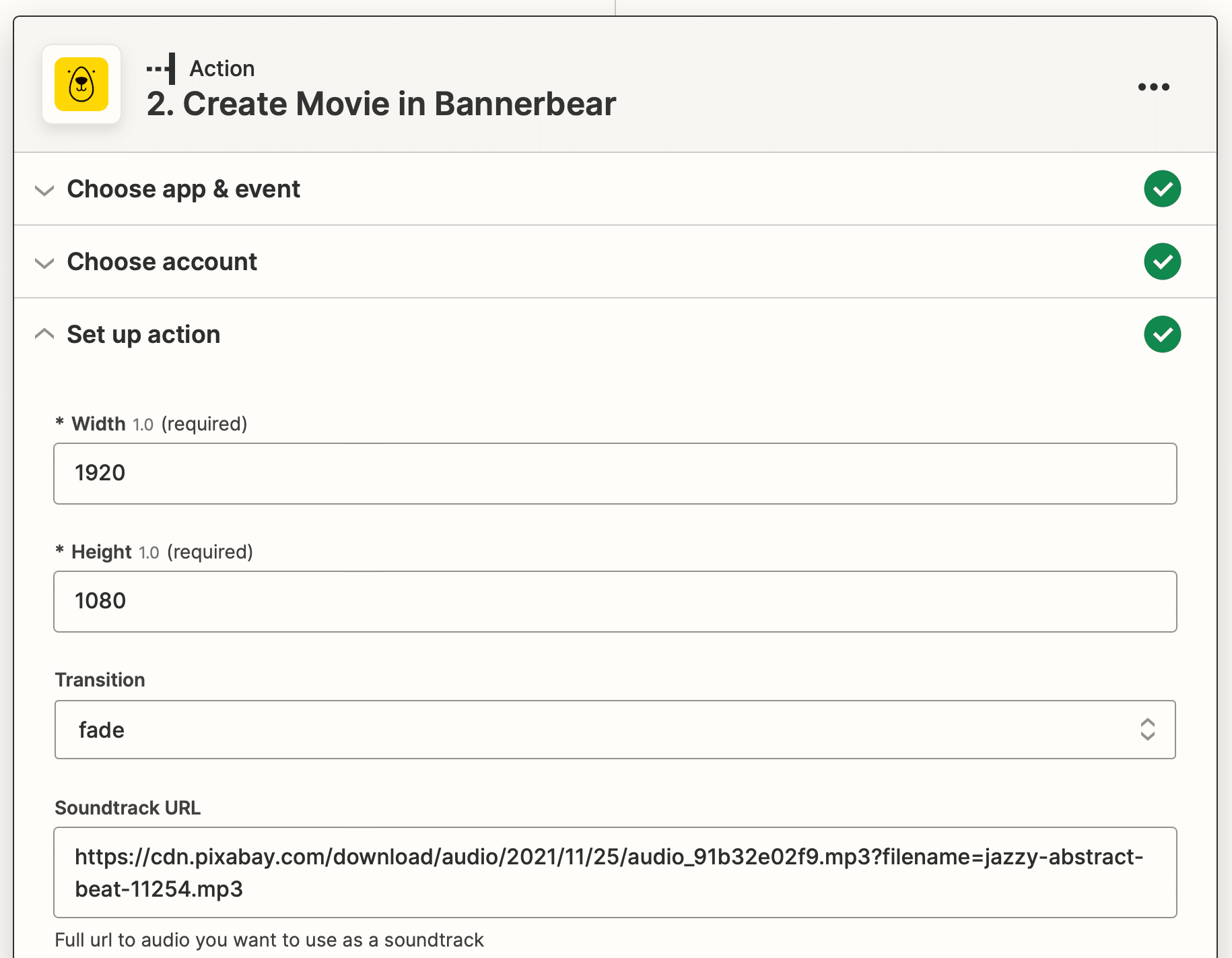 Screenshot of Zapier Bannerbear create movie action setup