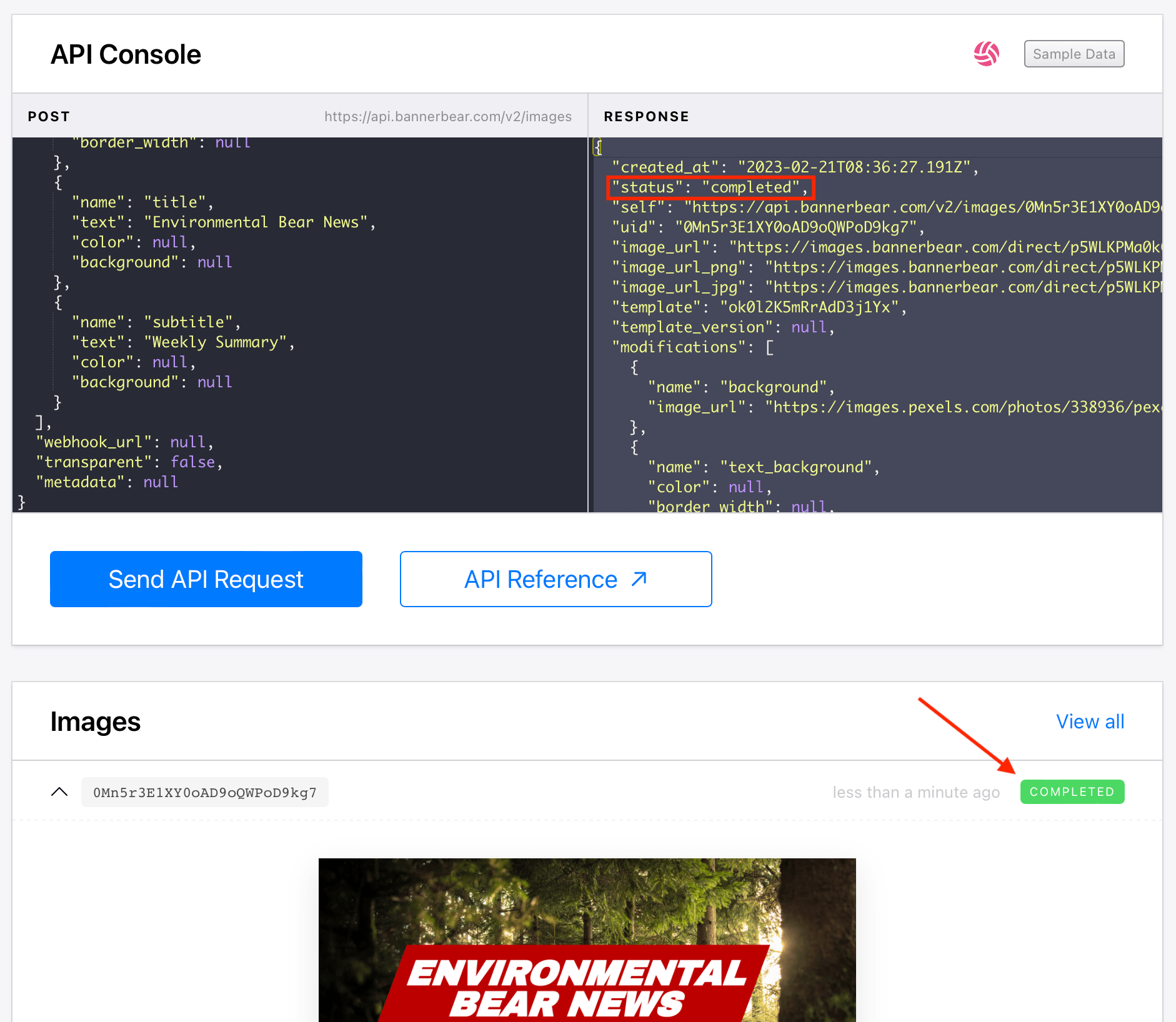 Screenshot of Bannerbear API Console successful response with red arrow pointing to Completed