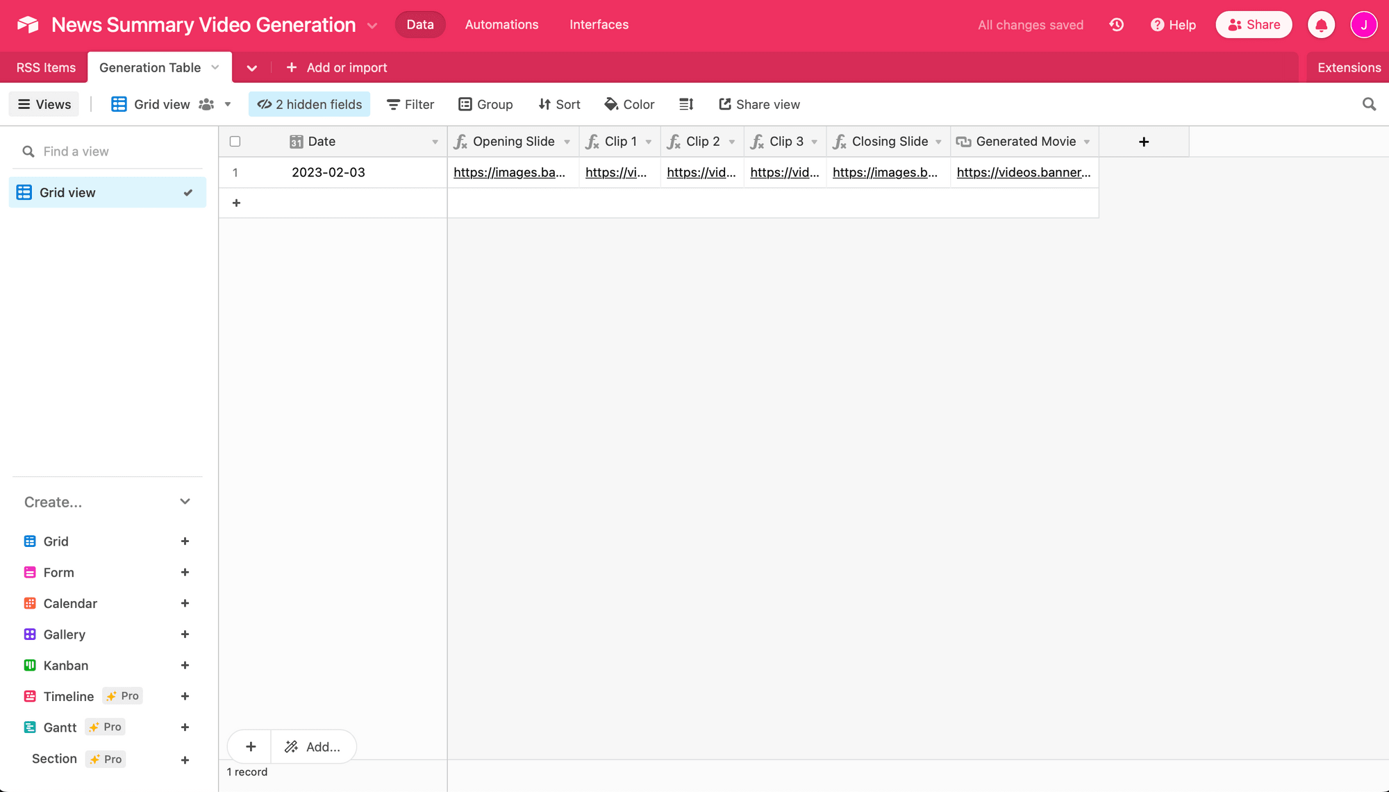 Screenshot of Airtable Generation Table table