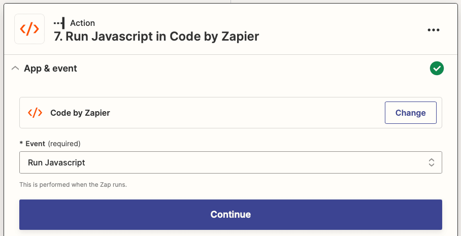 Screenshot of Zapier Run Javascript in Code action