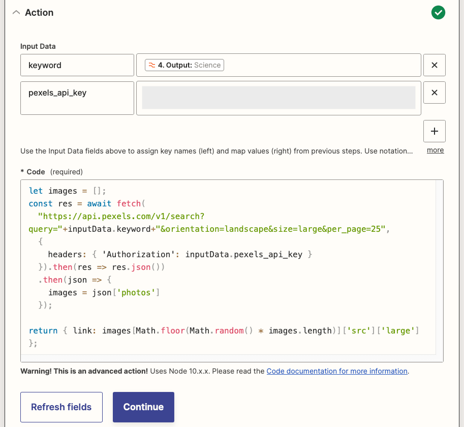 Screenshot of Zapier Run Javascript in Code action setup