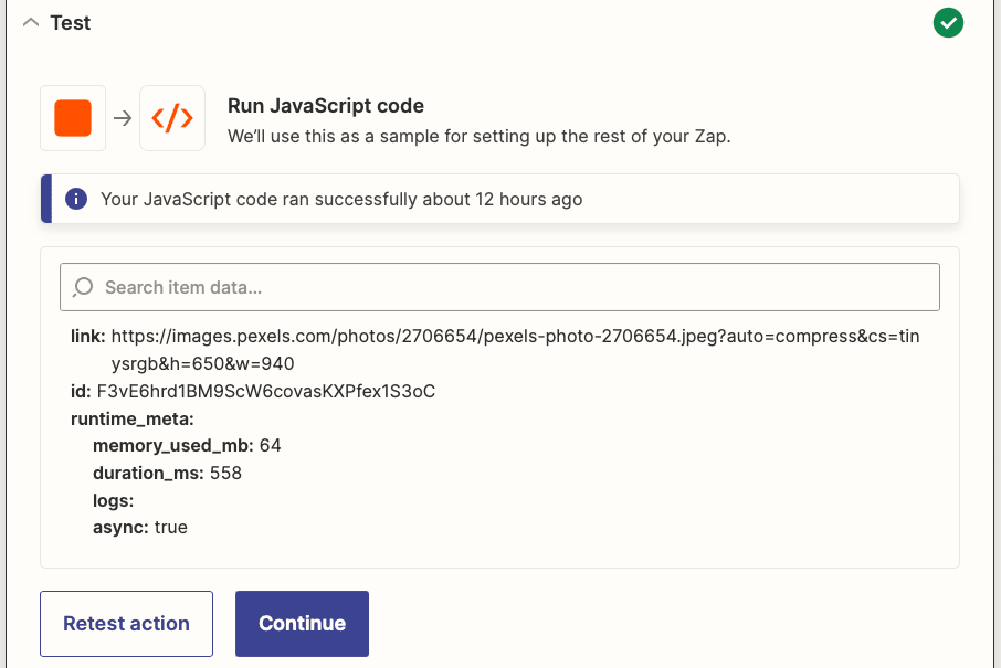 Screenshot of Zapier Run Javascript in Code action test results