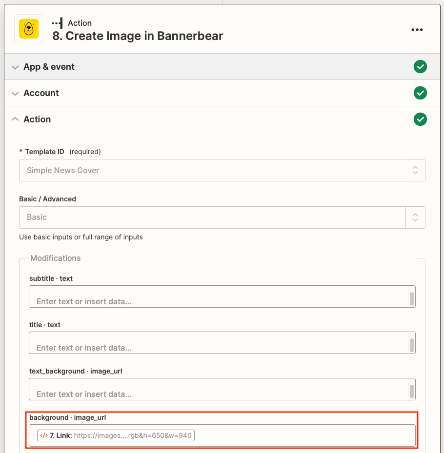 Screenshot of Zapier Bannerbear create image action