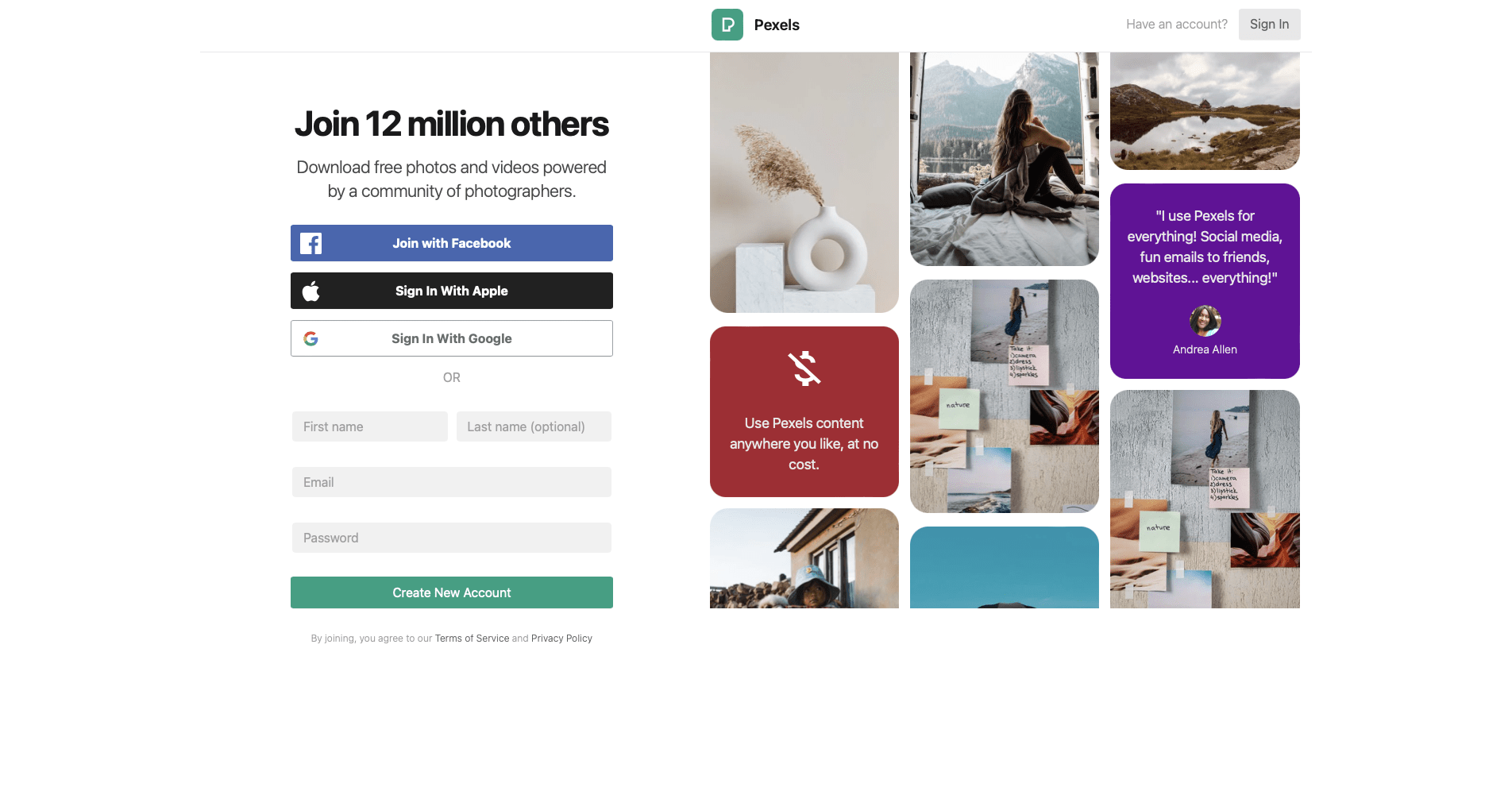 Screenshot of Pexels sign up page