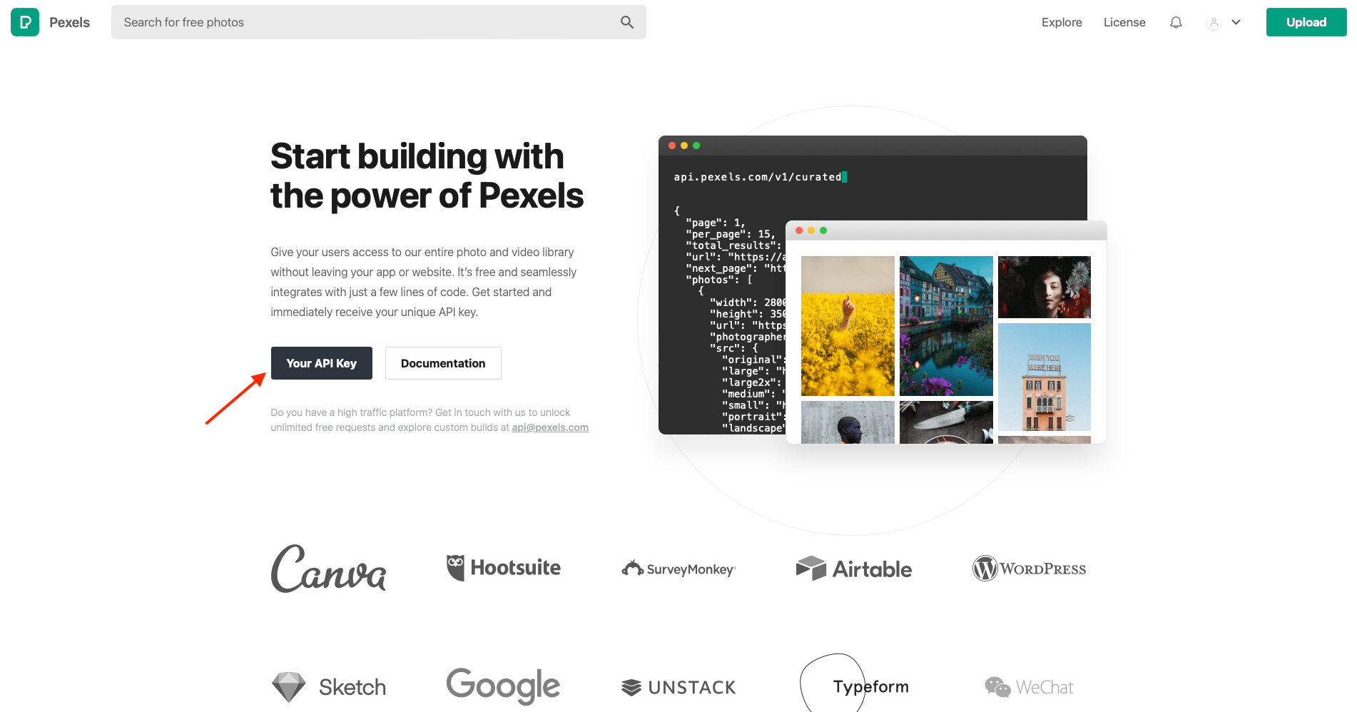 Screenshot of Pexels Image & API page