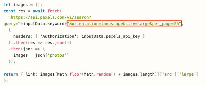 Screenshot of Pexels image fetching script with red box around parameters