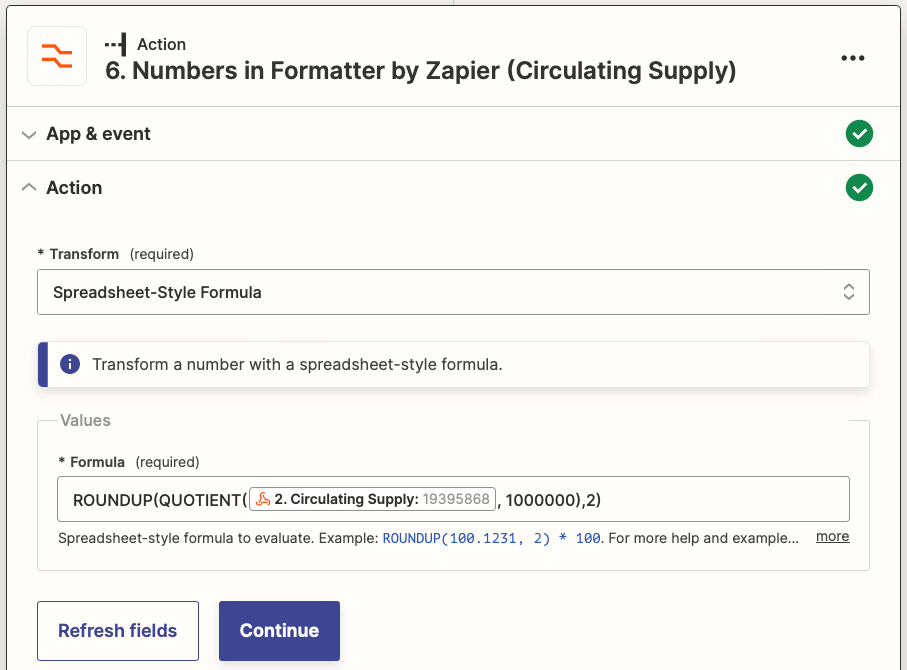 Screenshot of Zapier Formatter by Zapier Numbers action (Circulating Supply)