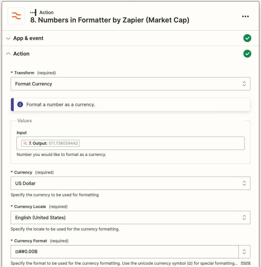 Screenshot of Zapier Formatter by Zapier Numbers action (Market Cap)