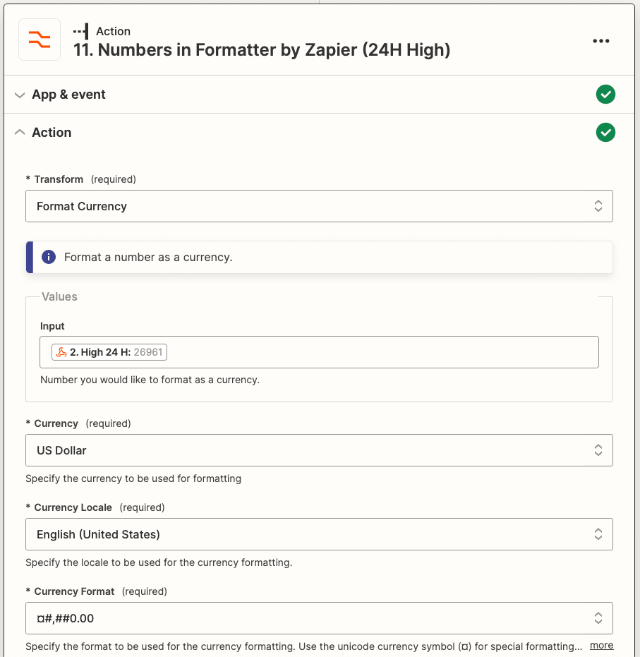 Screenshot of Zapier Formatter by Zapier Numbers action (24H High)