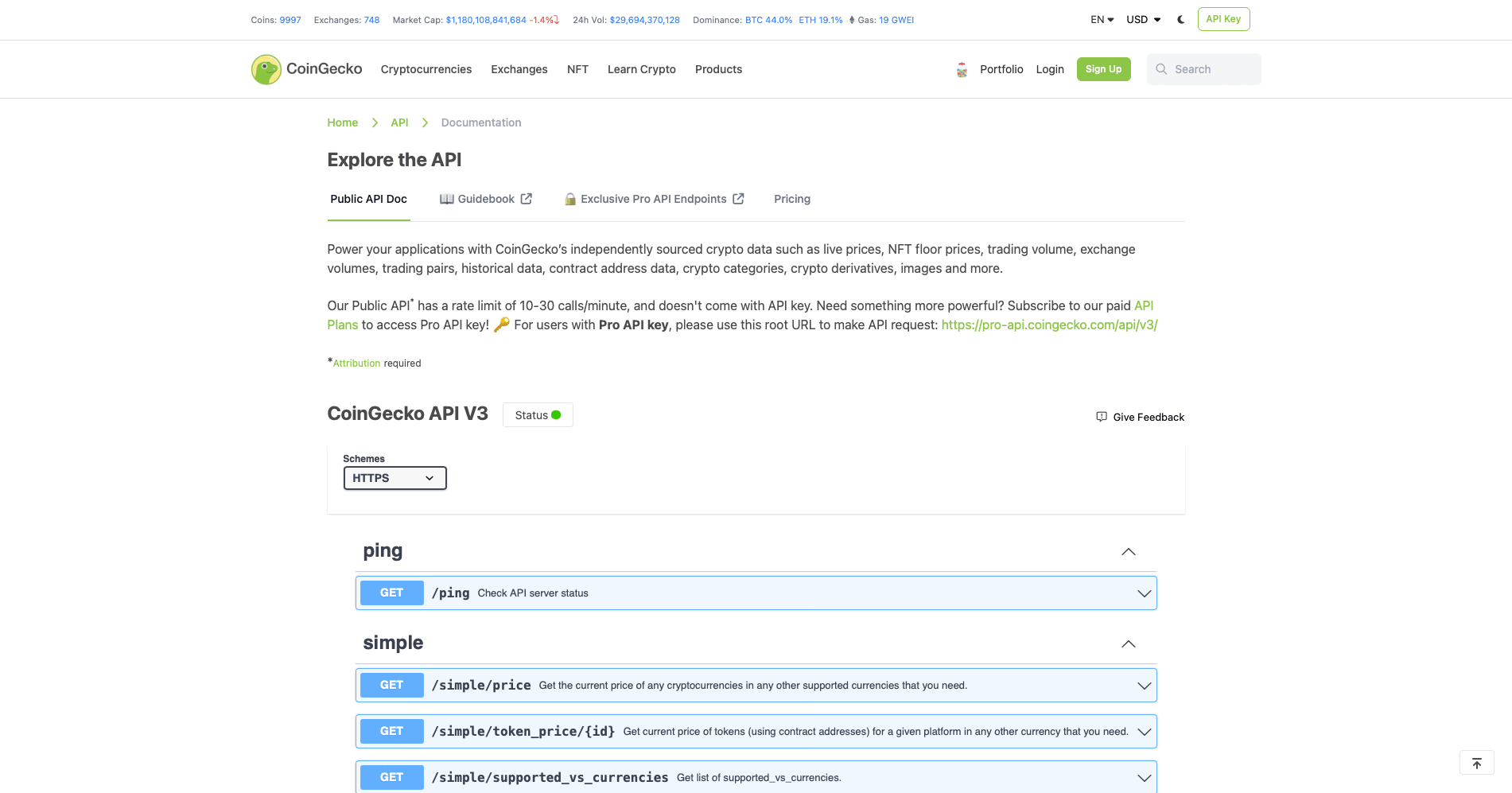 Screenshot of CoinGecko API documentation