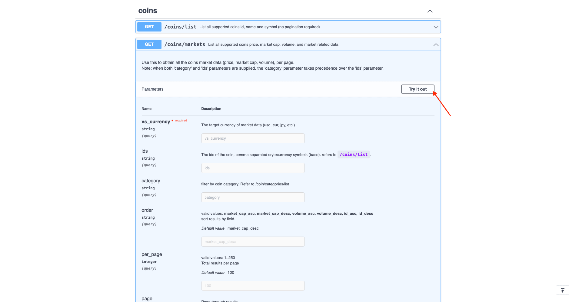 Screenshot of CoinGecko API documentation with red arrow pointing to Try it out