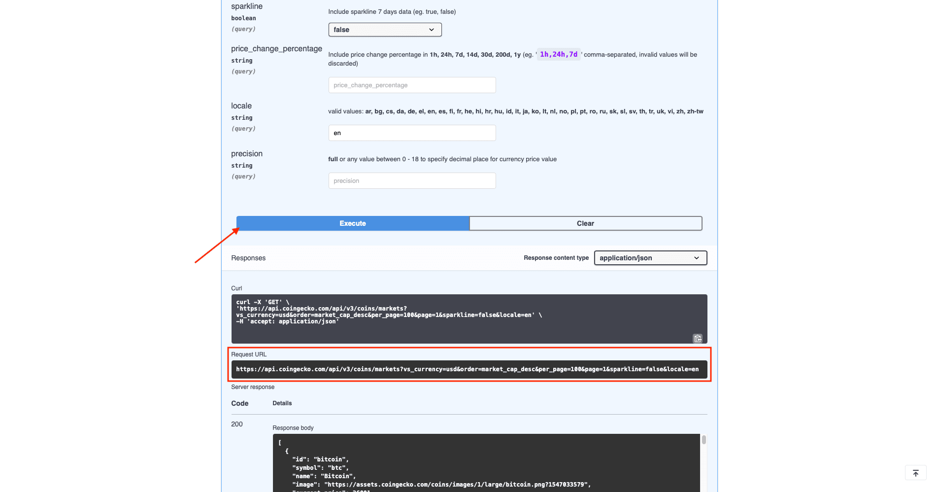 Screenshot of CoinGecko API documentation with red arrow pointing to Execute and red box around generated request URL