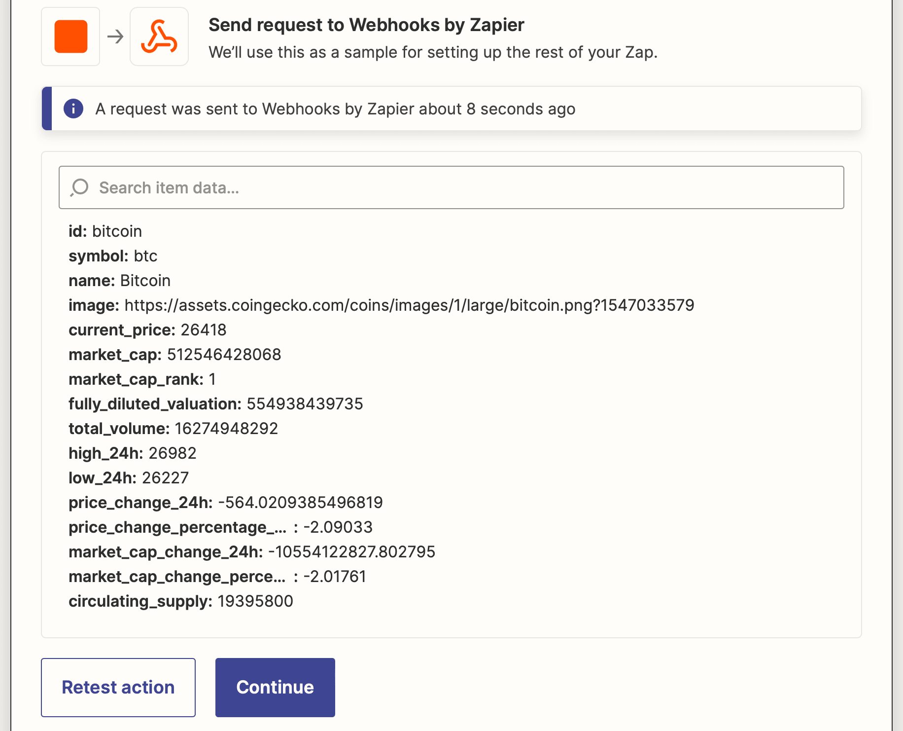 Screenshot of Zapier Webhooks by Zapier GET action output