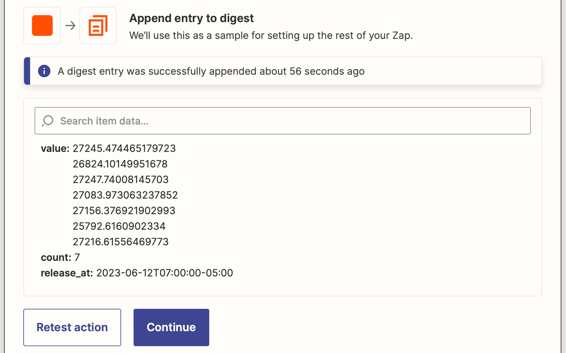 Screenshot of Zapier Digest by Zapier Append Entry and Schedule Digest action output