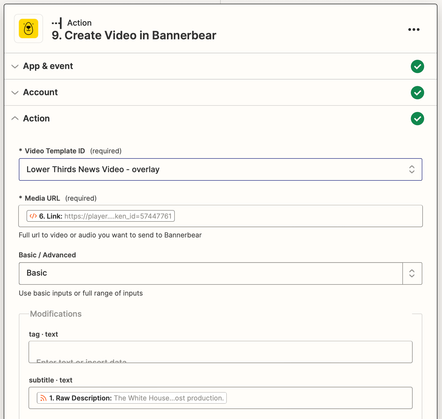 Screenshot of Zapier Bannerbear create video action setup