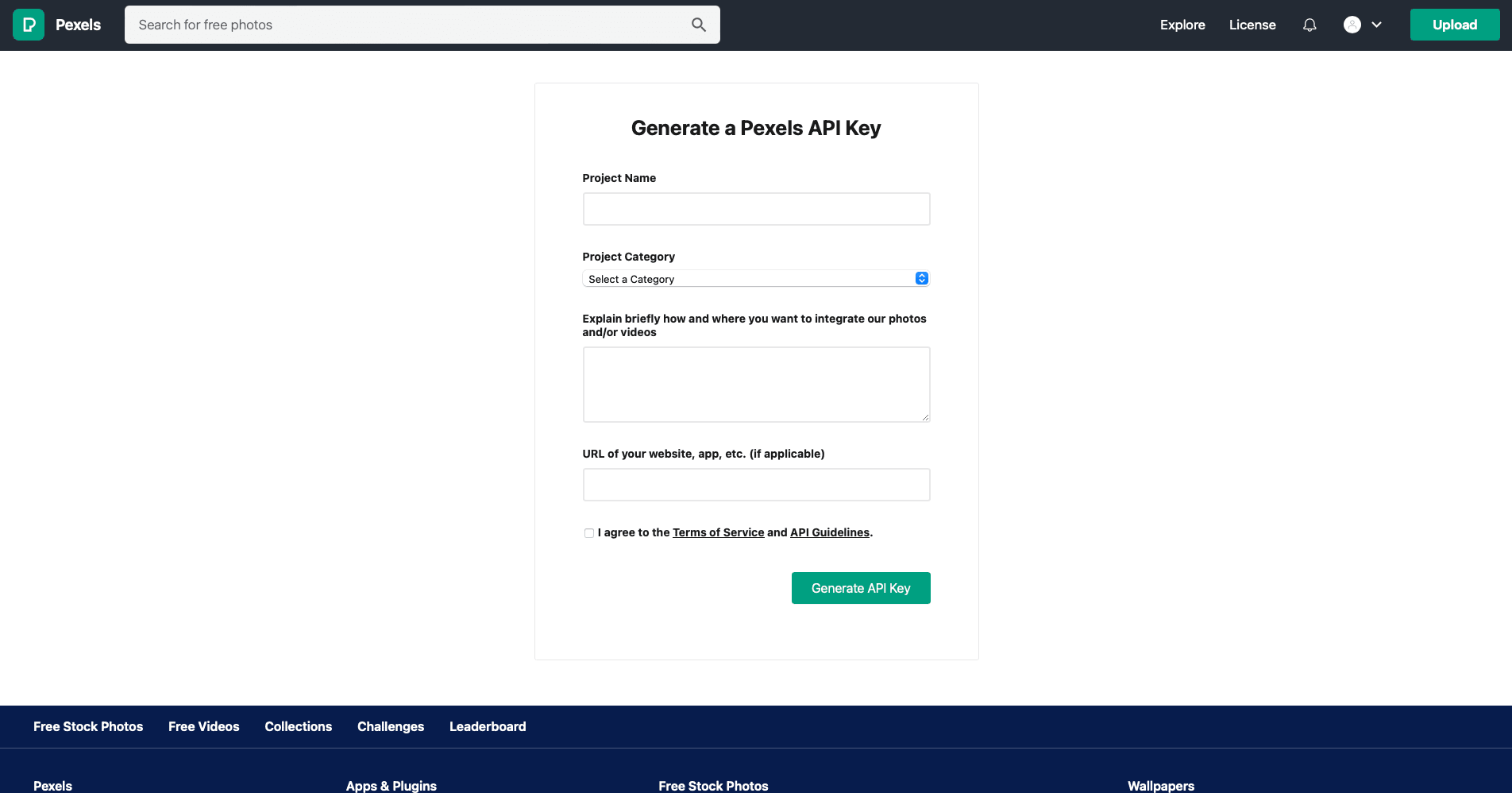 Screenshot of Pexels API generation form