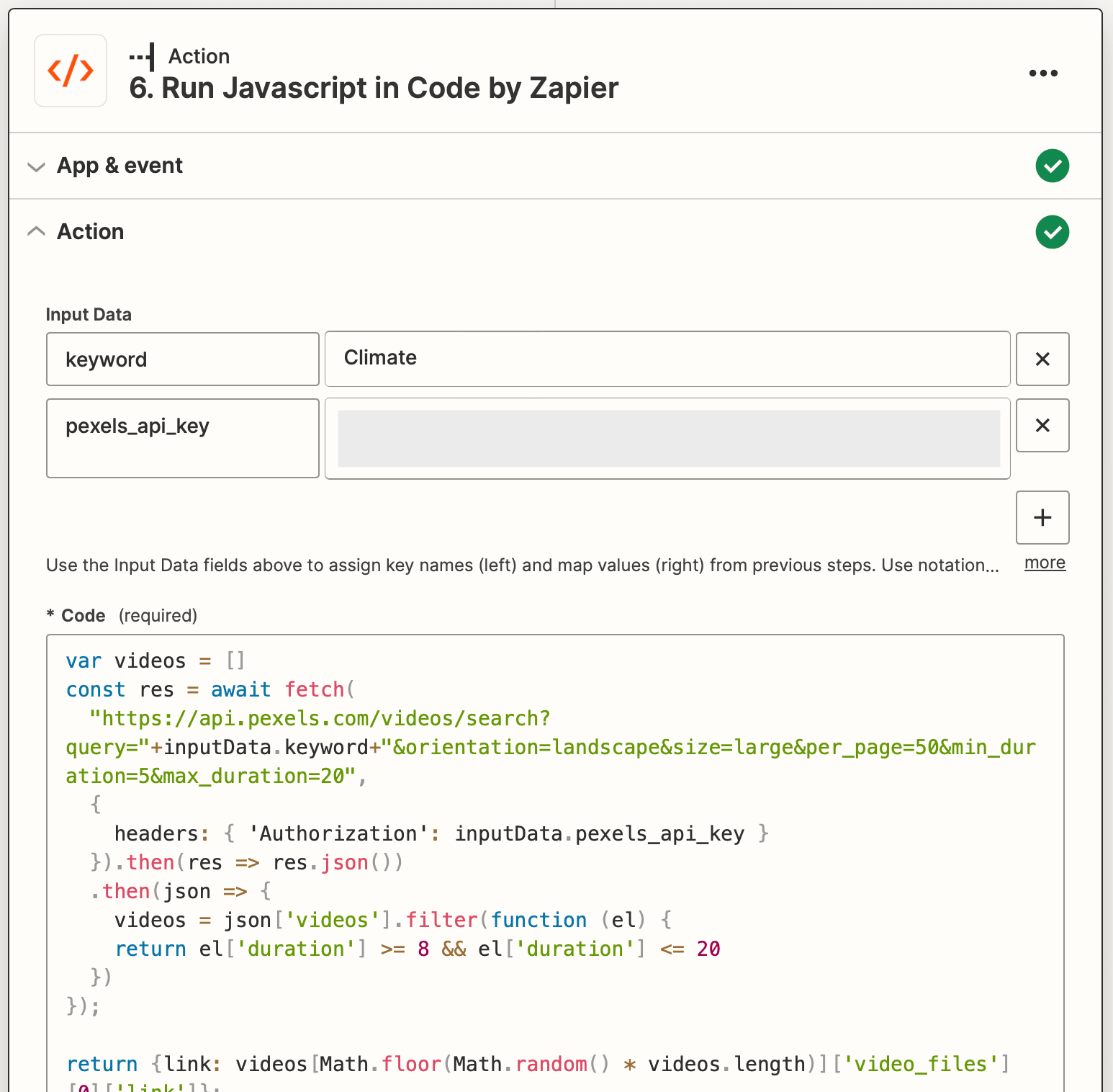 Screenshot of Zapier Code by Zapier Run JavaScript action setup