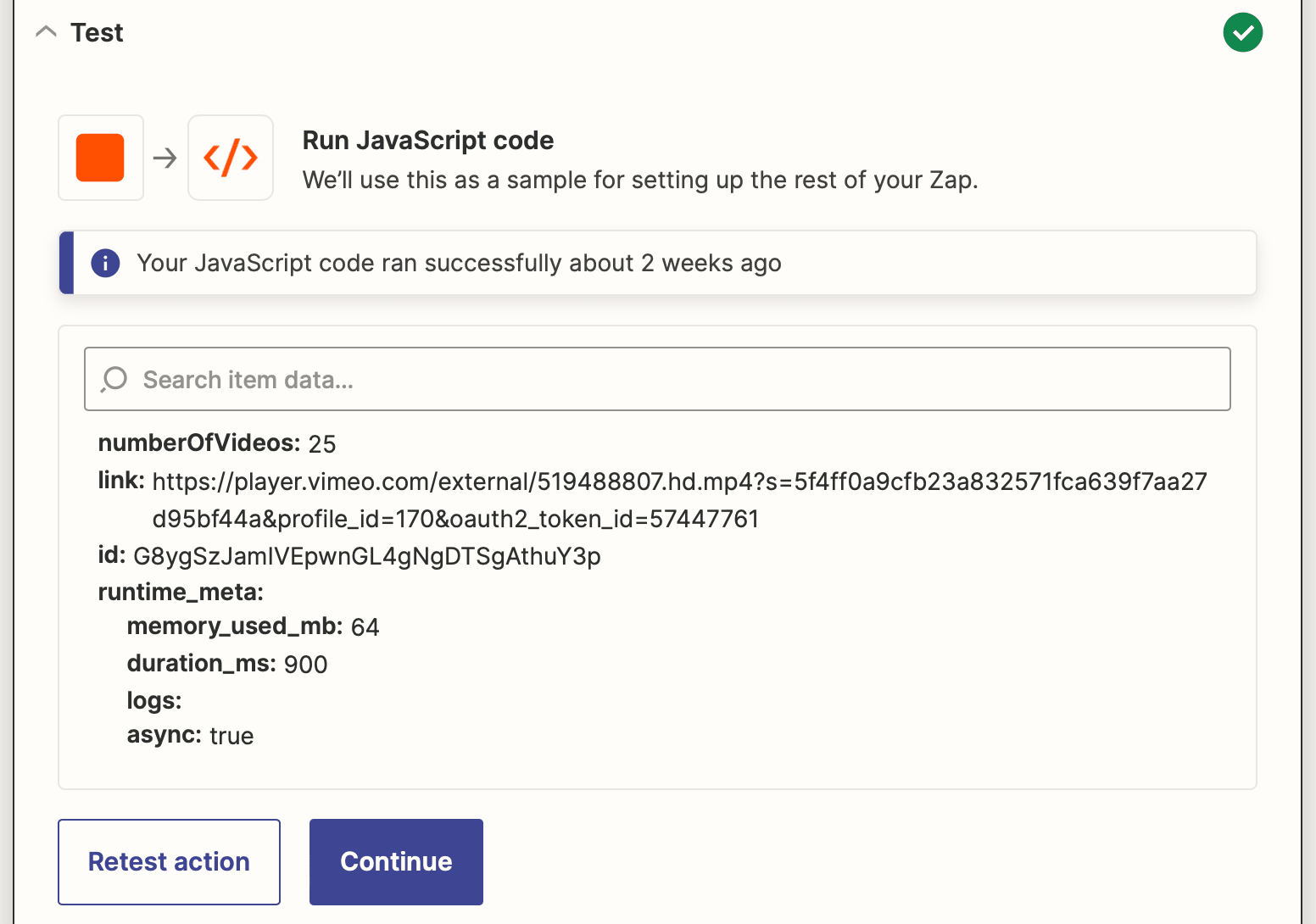 Screenshot of Zapier Code by Zapier Run JavaScript action output