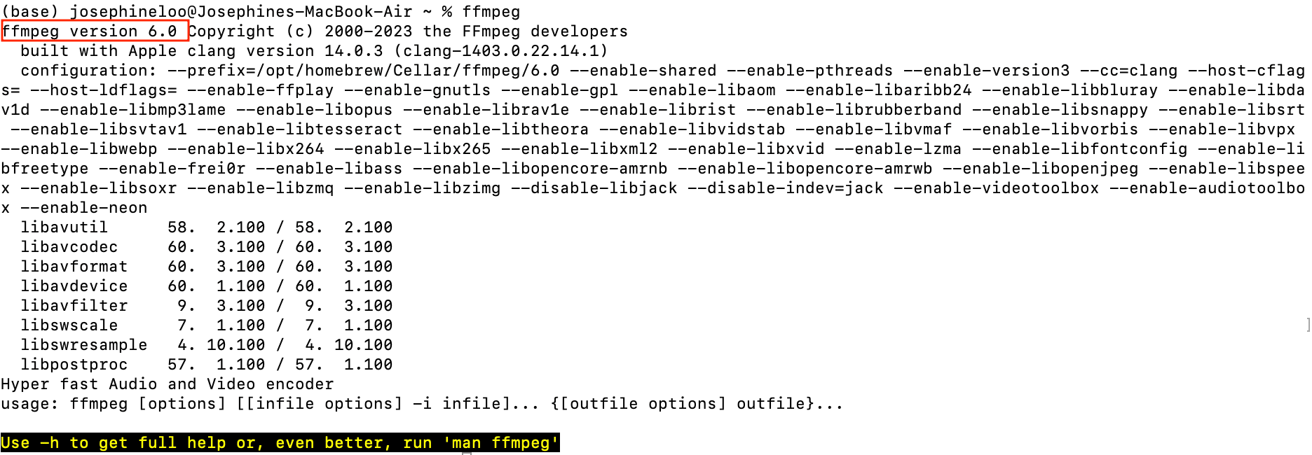 an output of the 'ffmpeg' command after installing using Homebrew