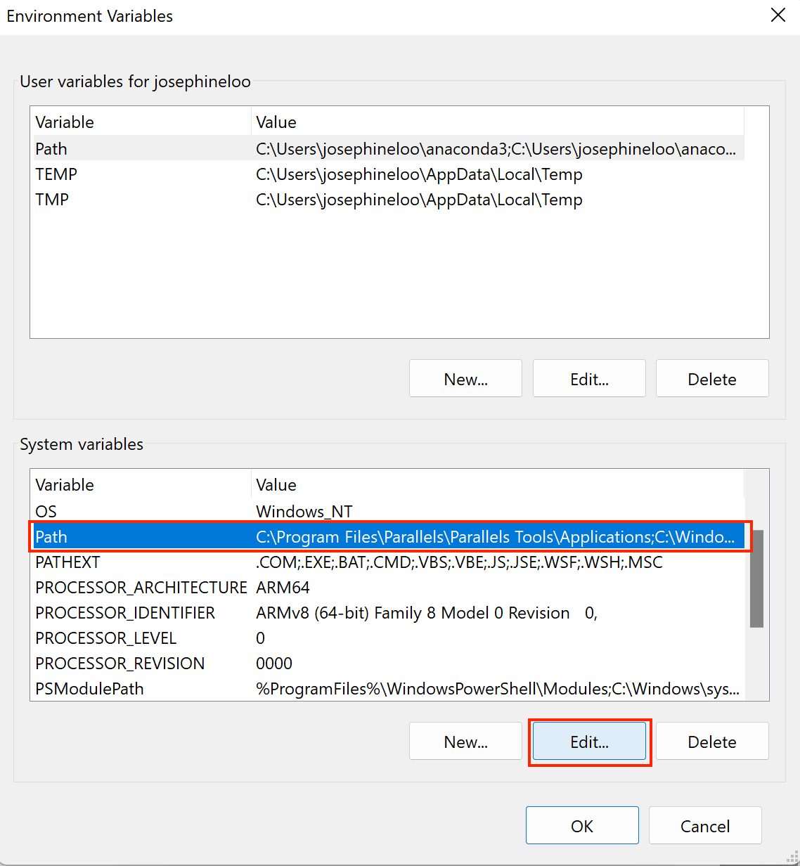 a screenshot of the 'Environment Variables' window