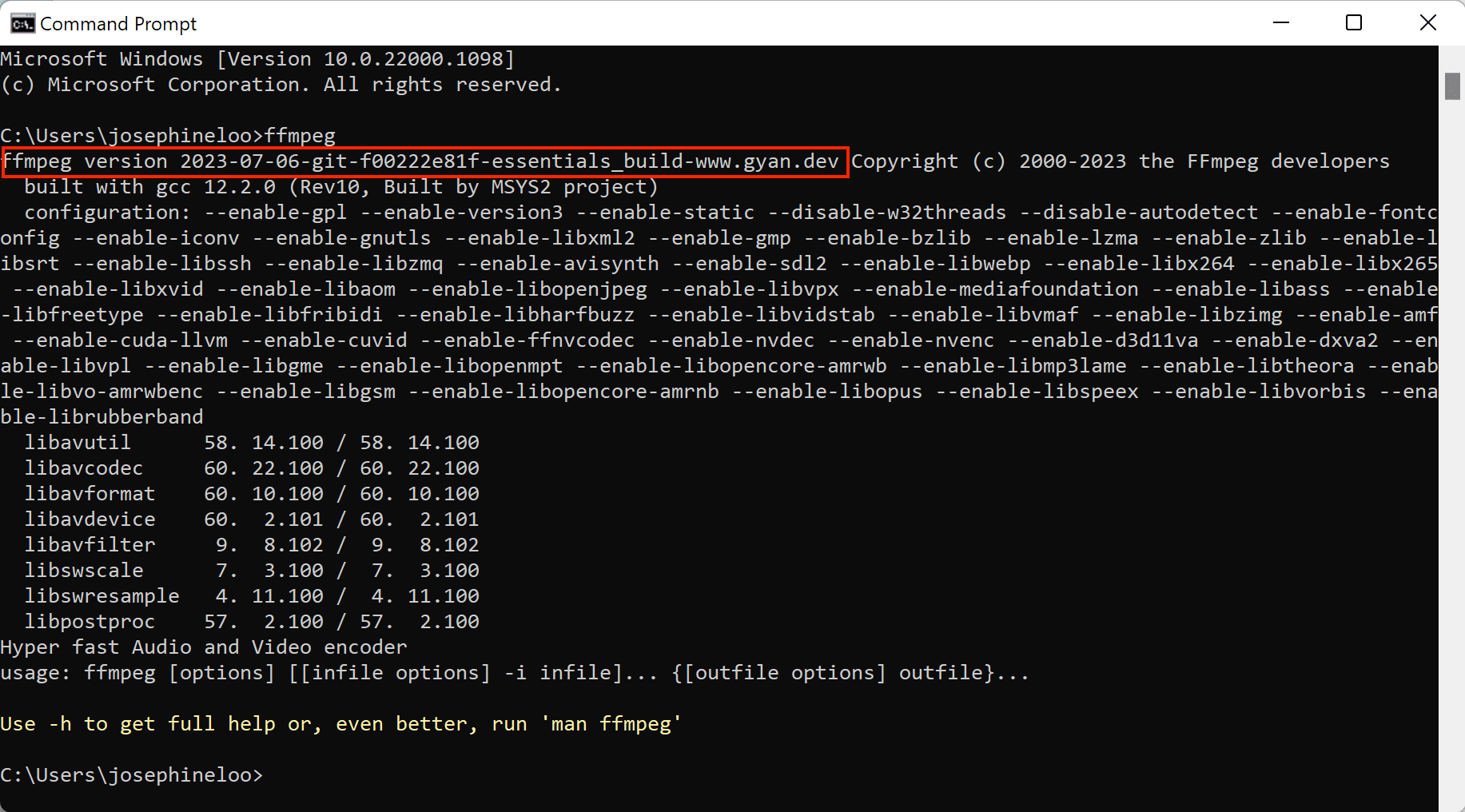 an output of the 'ffmpeg' command after installing it on Windows