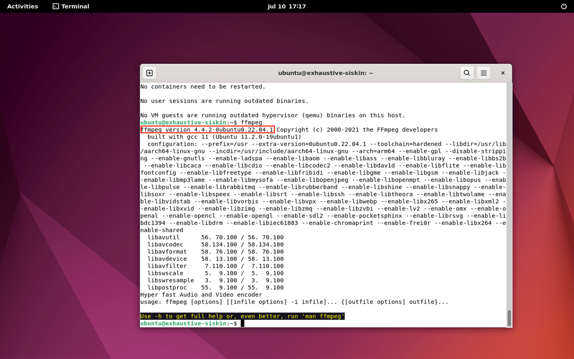 an output of the 'ffmpeg' command after installing it on Ubuntu