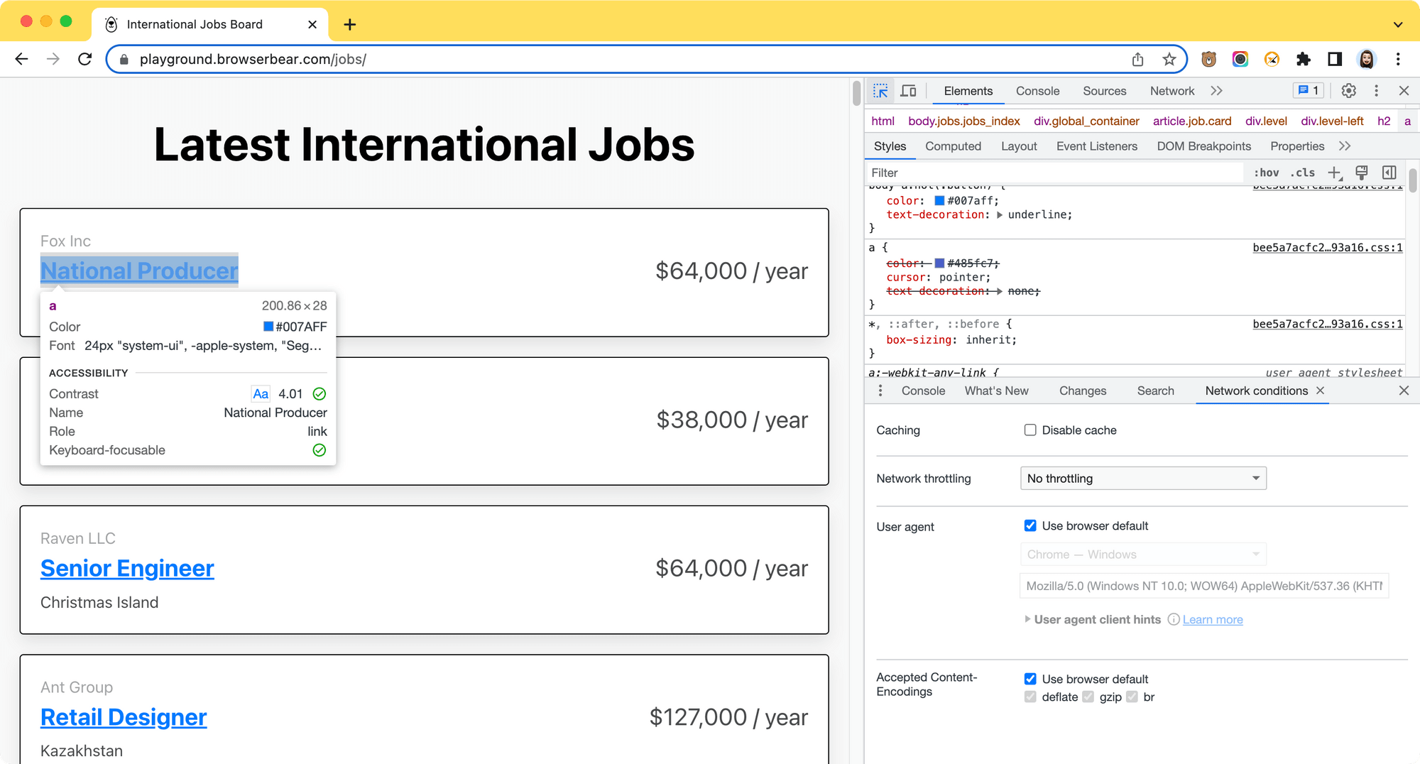 screenshot of the job board