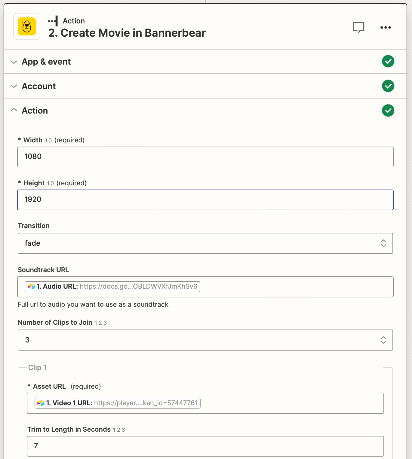Screenshot of Zapier Bannerbear create movie action