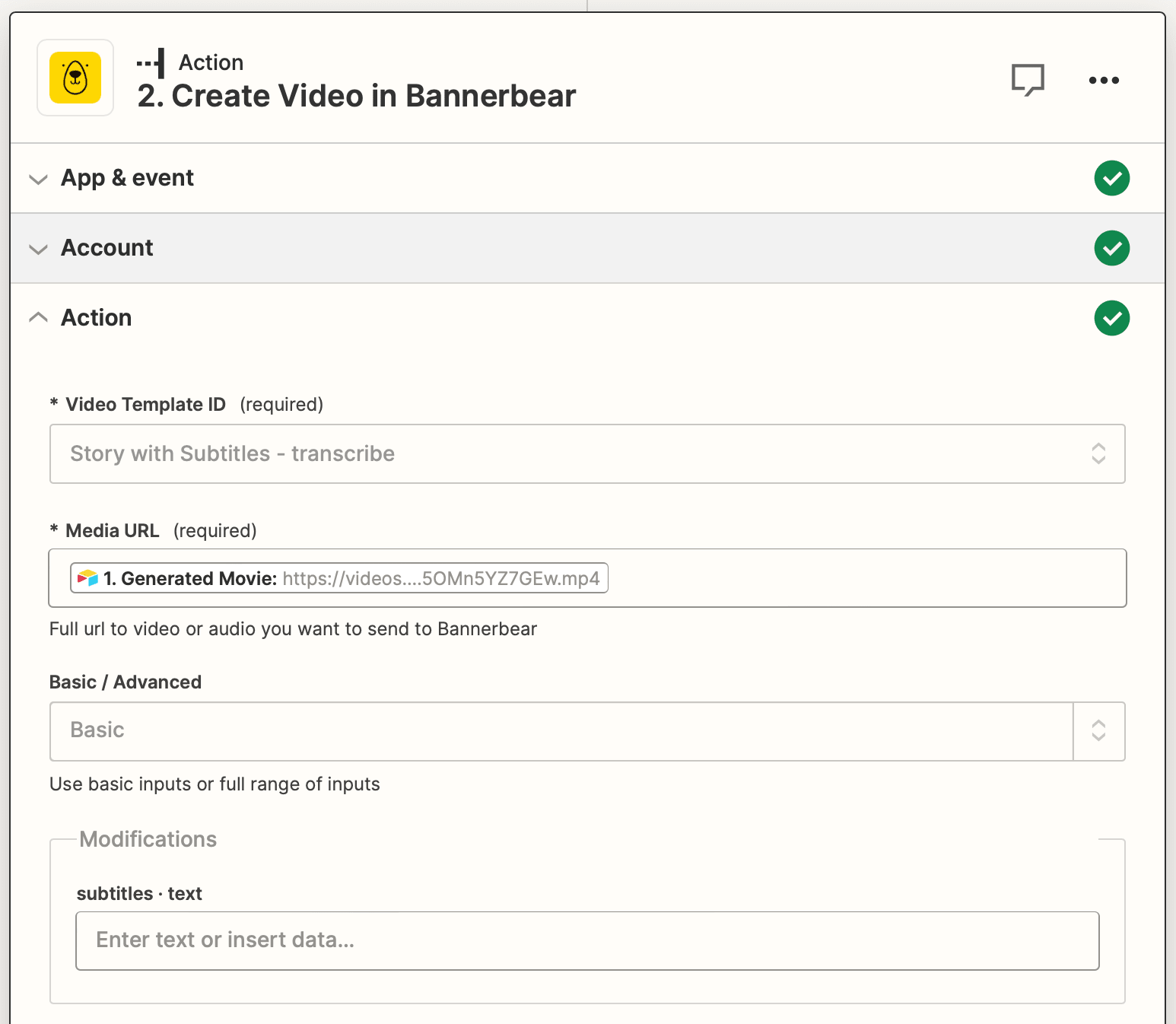 Screenshot of Zapier Bannerbear create video action