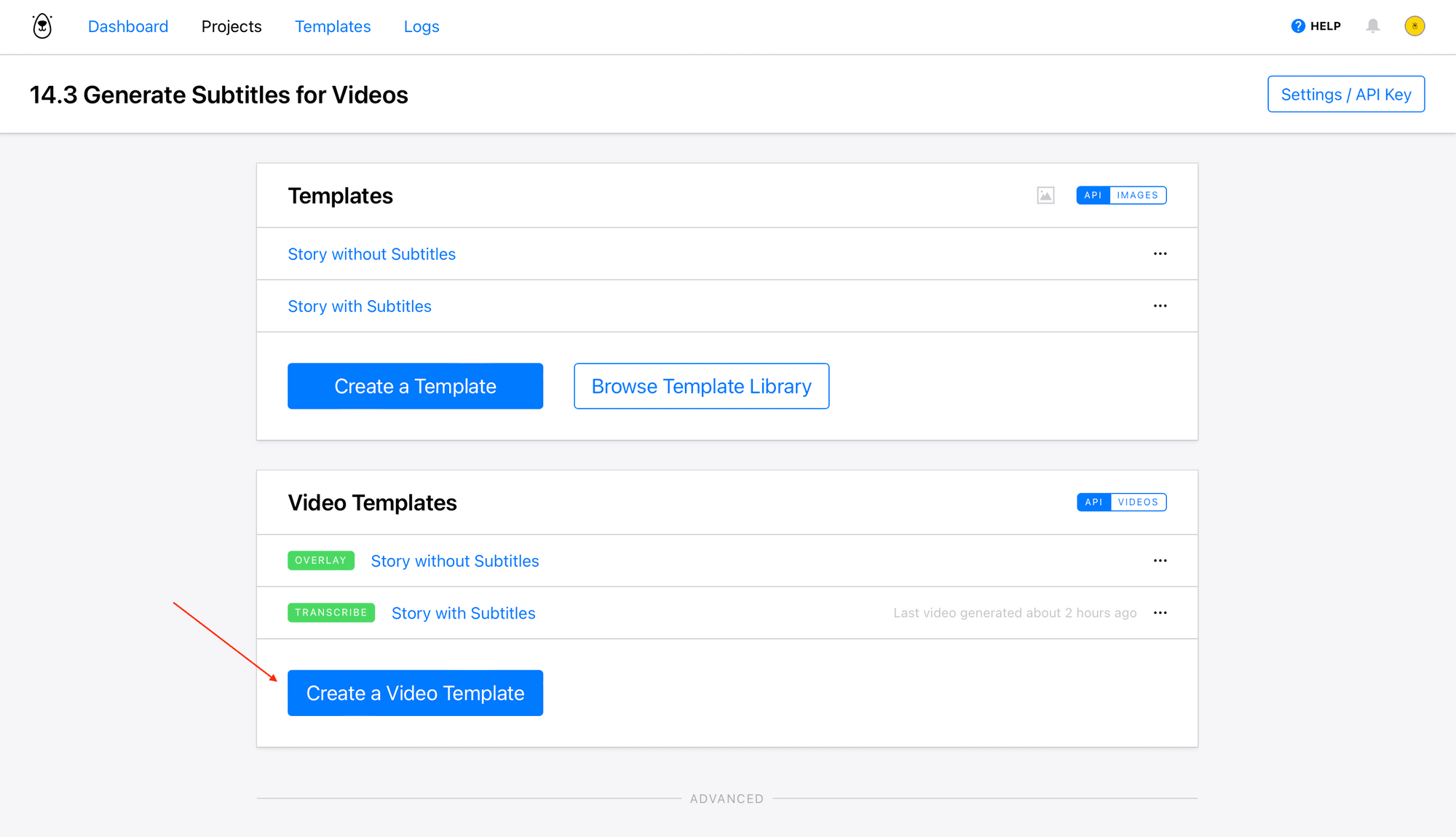 Screenshot of Bannerbear template page with red arrow pointing to create a video template