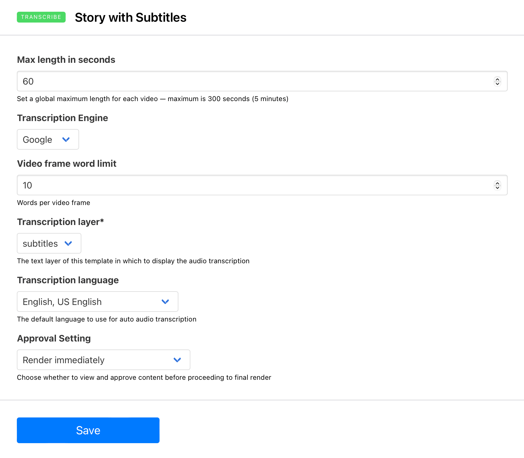 Screenshot of Bannerbear transcribe video template setup